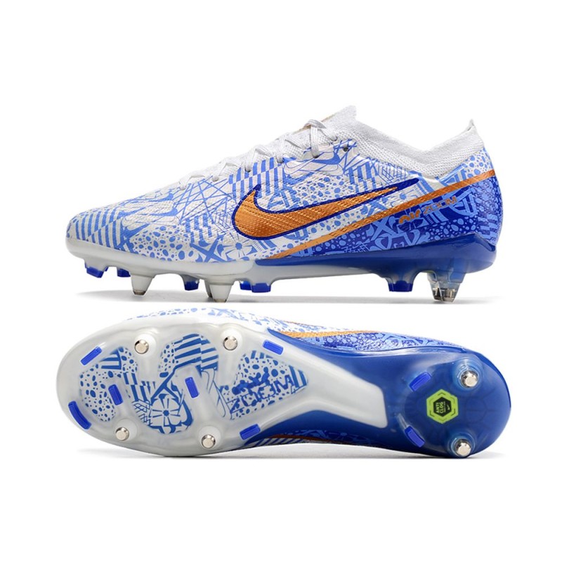 Nike Zoom Mercurial Vapor 15 Elite SG Vit Blå Guld för Herr 5 Billiga Fotbollsskor Nike Zoom Mercurial Vapor 15 Elite SG Vit Blå Guld 5
