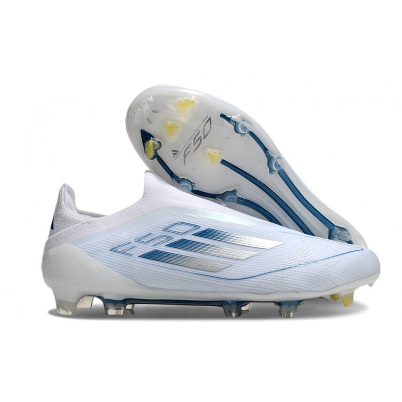 adidas F50 Elite Snörlös FG Fotbollsskor Vit Blå för Herr 3 Billiga Fotbollsskor adidas F50 Elite Snörlös FG Fotbollsskor Vit Blå 3