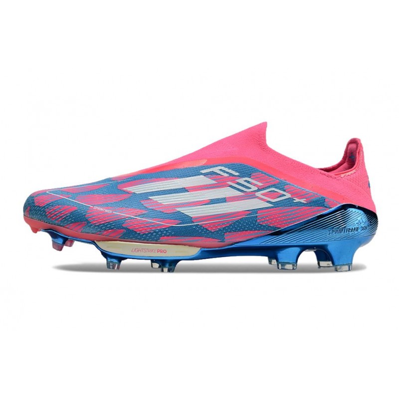 adidas F50 + Laceless FG Blå Vit Rosa för Herr 4 Billiga Fotbollsskor adidas F50 + Laceless FG Blå Vit Rosa 4