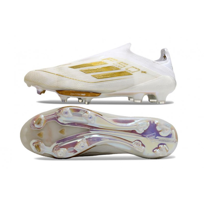 adidas F50 + Laceless FG Vit Guld för Herr 5 Billiga Fotbollsskor adidas F50 + Laceless FG Vit Guld 5