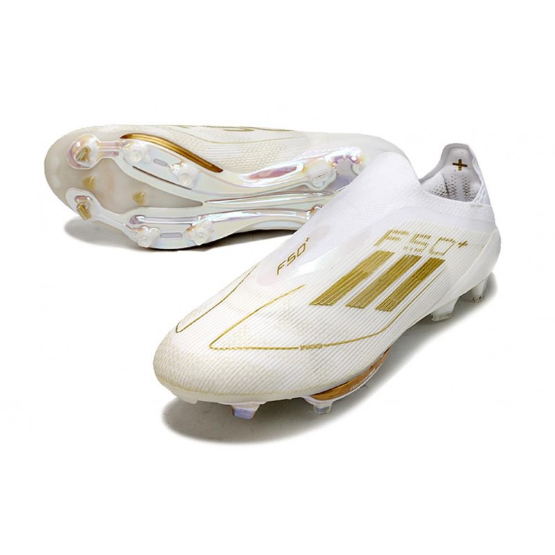 adidas F50 + Laceless FG Vit Guld för Herr 7 Billiga Fotbollsskor adidas F50 + Laceless FG Vit Guld 7