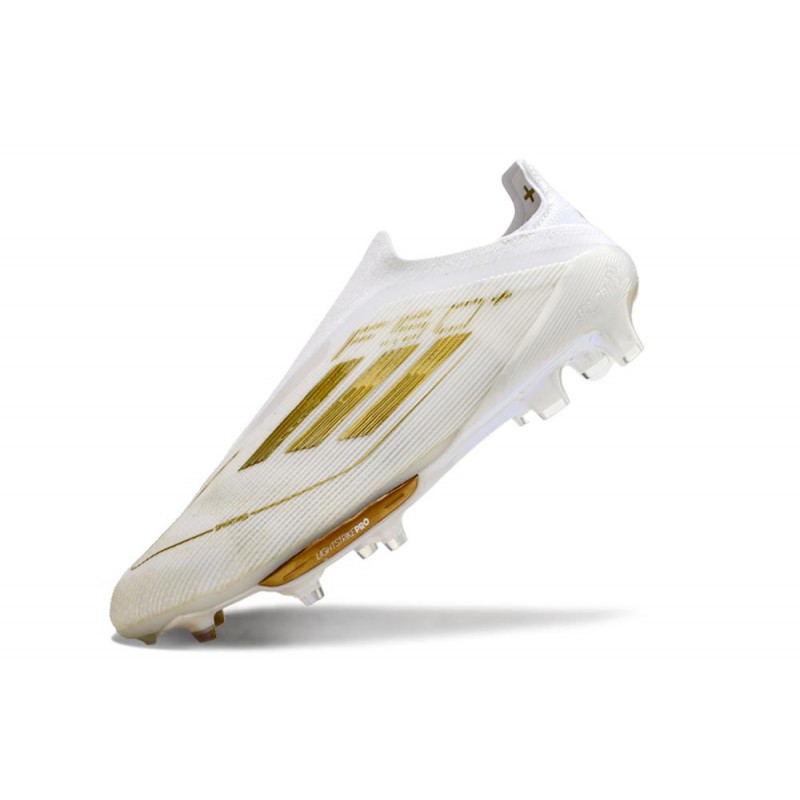 adidas F50 + Laceless FG Vit Guld för Herr 8 Billiga Fotbollsskor adidas F50 + Laceless FG Vit Guld 8