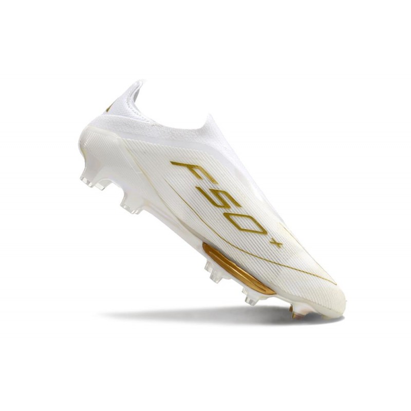 adidas F50 + Laceless FG Vit Guld för Herr 9 Billiga Fotbollsskor adidas F50 + Laceless FG Vit Guld 9